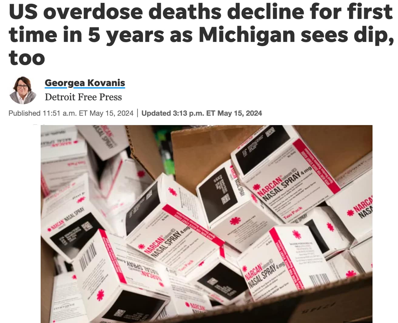 News report headline on opioid overdose deaths with image of Narcan