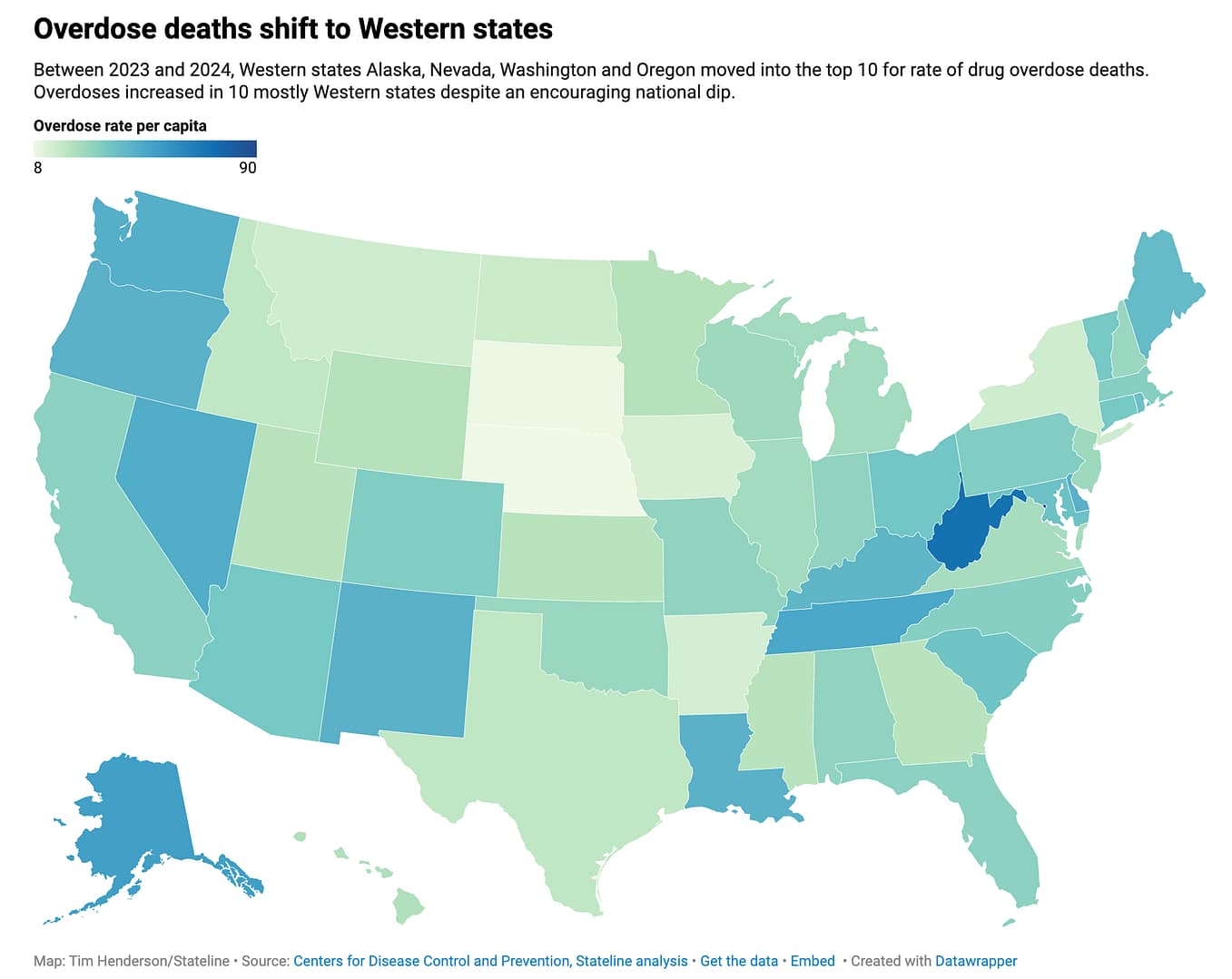 Map of opioid overdose deaths by state from 2023 to 2024