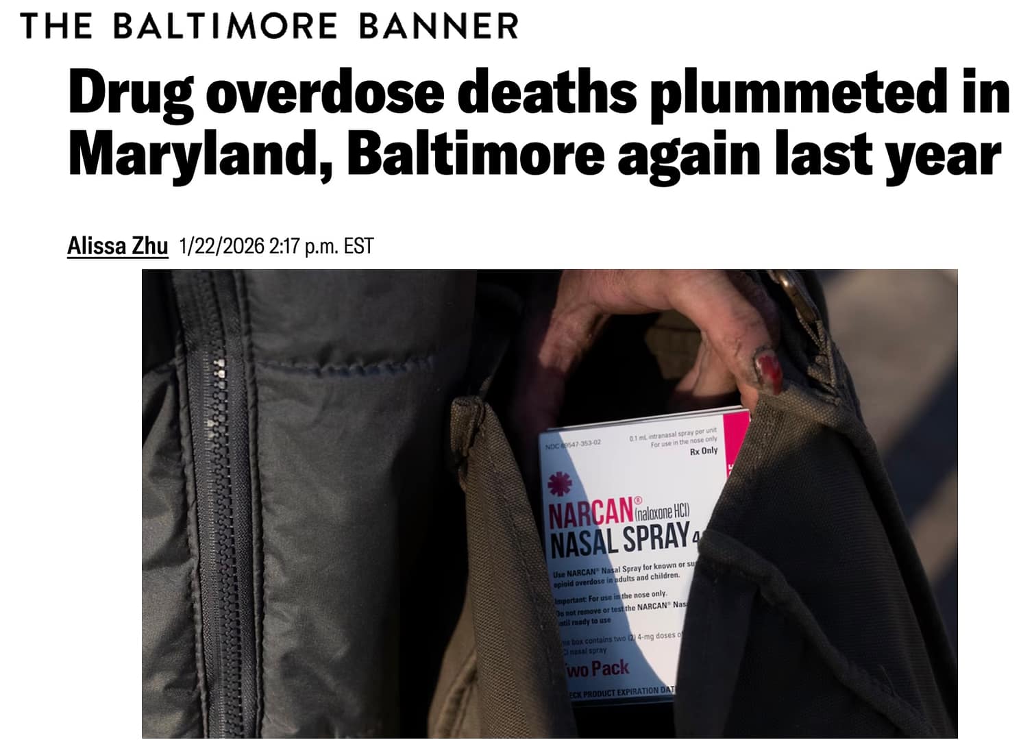 News headline with image of a hand grasping a Narcan box in their jacket pocket