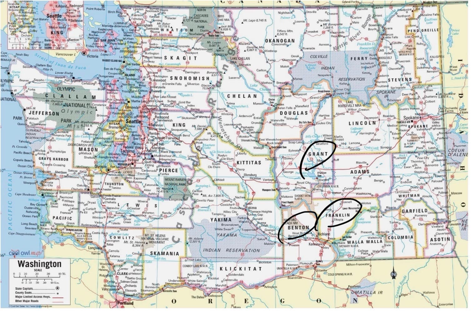 State map of Washington, showing Benton, Franklin, and Grant counties