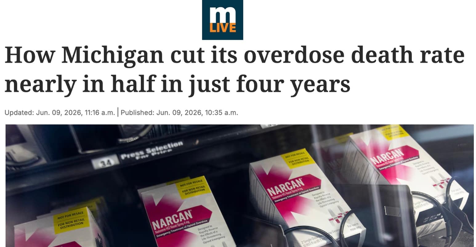 Mlive article headline and feature image of naloxone boxes