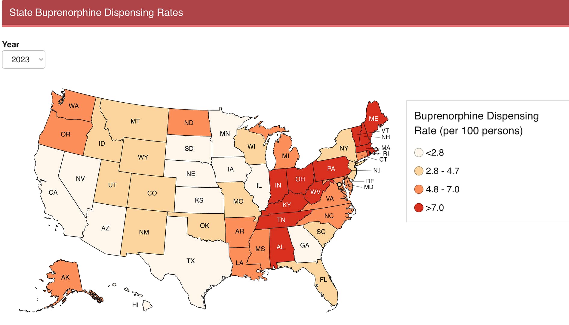 CDC graphic of distribution of buprenorphine by state
