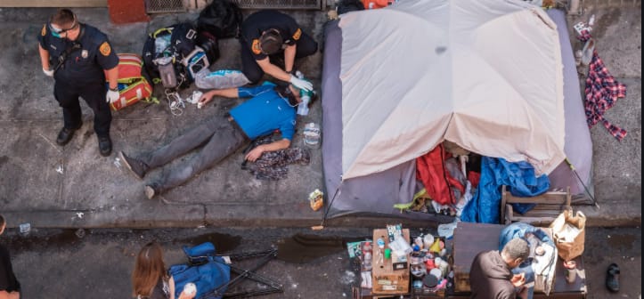 Opioid overdose victims on the sidewalk