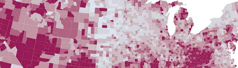 graphic of U.S. counties colored by degree of opioid deaths