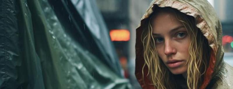 homeless woman in the rain