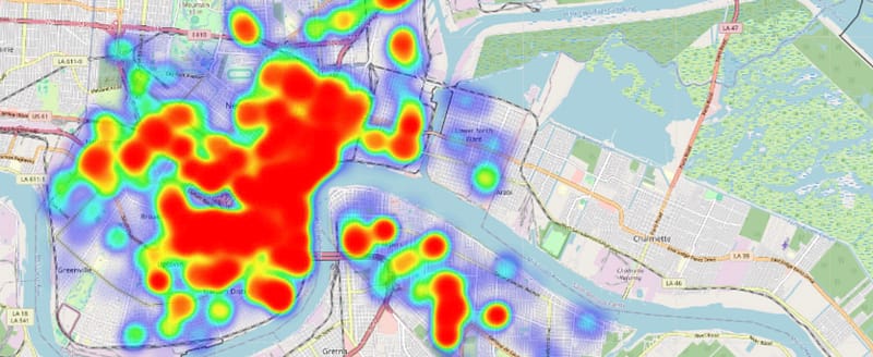 Graphic map image of New Orleans with colorization to indicate the prevalence of opioid overdose by location