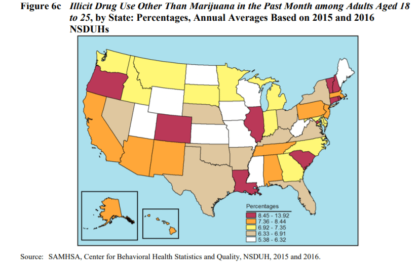 Map of U.S. states by illicit drug use by young adults
