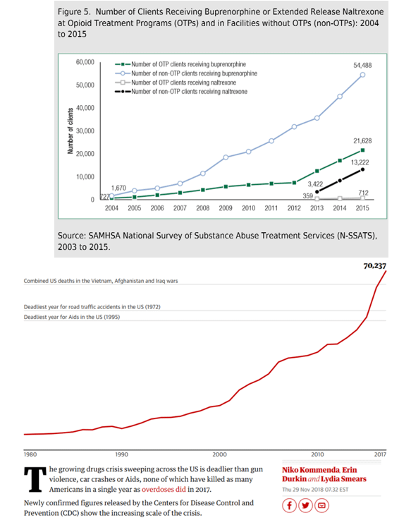graphs of increases in U.S. drug overdose deaths and provision of opioid substitute medications