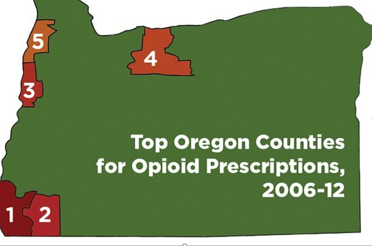 Map of Oregon with counties most affected by opioid crisis