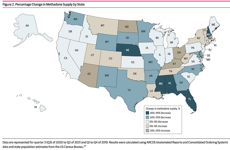Graphic of changes in methadone provision by state.